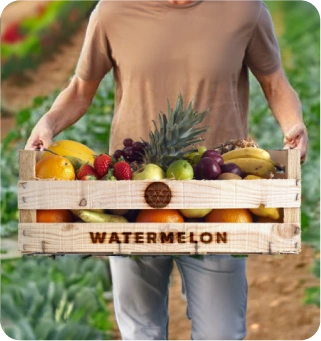 Farmer carrying a wooden crate of fresh produce labelled Watermelon