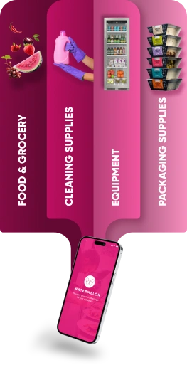 Marketplace categories — food & grocery, cleaning supplies, equipment, and packaging supplies, shown on the Watermelon app